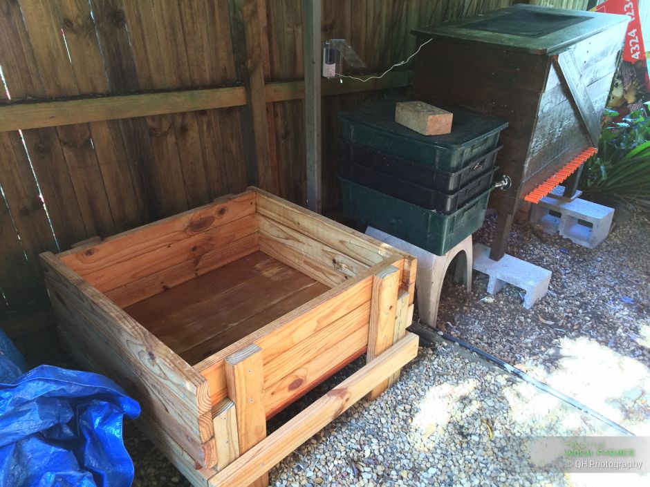 Quasimodo wooden worm bin installed in the shade of a pergola